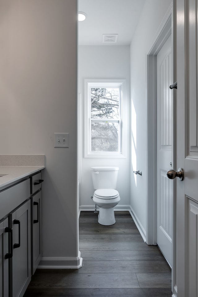 bathroom with hardwood / wood-style floors, vanity, and toilet