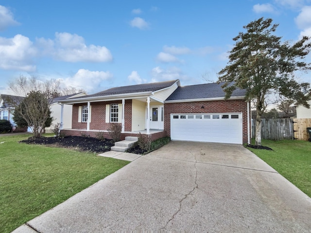 ranch-style house featuring a garage and a front lawn