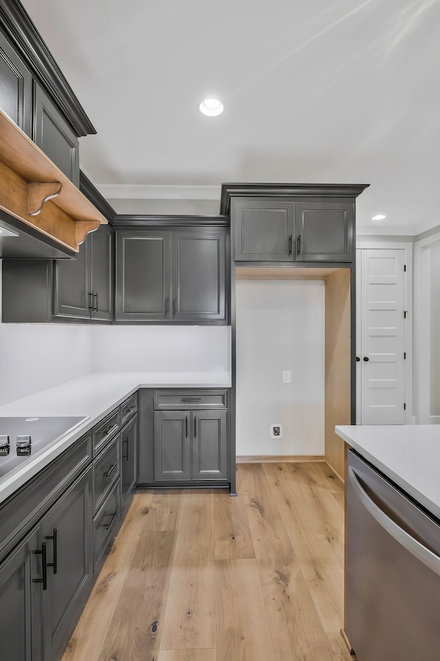 kitchen featuring gray cabinetry, dishwasher, light hardwood / wood-style floors, and black electric stovetop