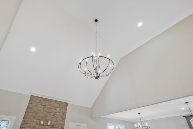 room details featuring an inviting chandelier and ornamental molding