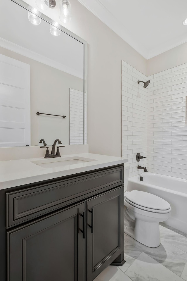 2120 Hamilton Chambers Rd, Lebanon, TN 37087 - bathroom with vanity, toilet, washtub / shower combination, ornamental molding, and marble finish floors