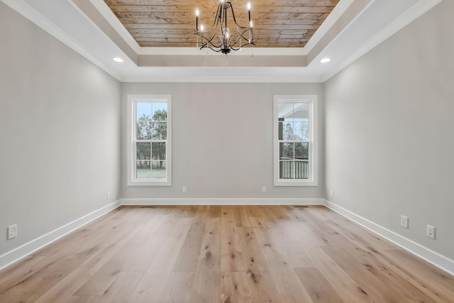 empty room featuring a raised ceiling, light hardwood / wood-style flooring, and wooden ceiling