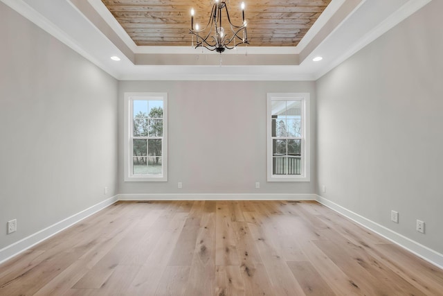 2120 Hamilton Chambers Rd, Lebanon, TN 37087 - unfurnished room featuring a raised ceiling, wooden ceiling, a chandelier, light wood finished floors, and baseboards