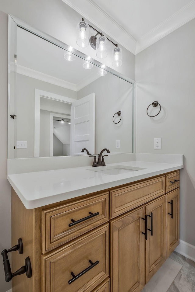 2120 Hamilton Chambers Rd, Lebanon, TN 37087 - bathroom with vanity, marble look tiles, and ornamental molding