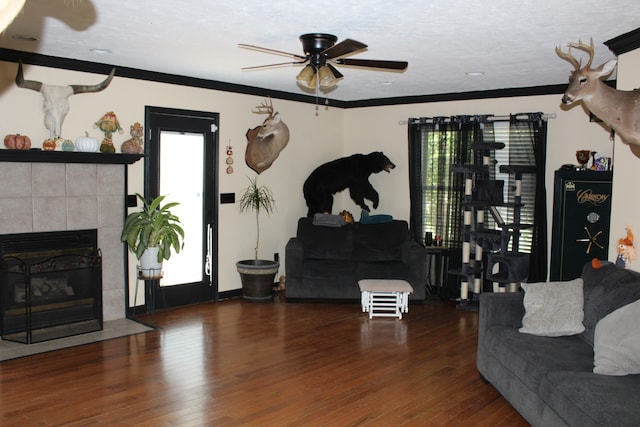 living room with crown molding, a fireplace, a textured ceiling, and dark hardwood / wood-style flooring