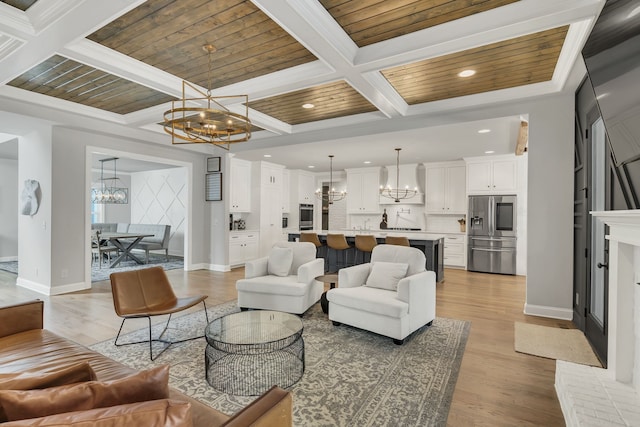 living room featuring wood ceiling, beam ceiling, and light hardwood / wood-style floors