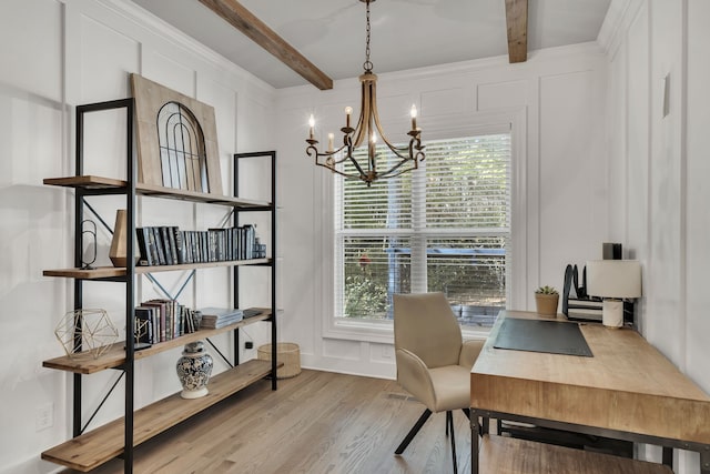 home office featuring a chandelier, beamed ceiling, a wealth of natural light, and light wood-type flooring