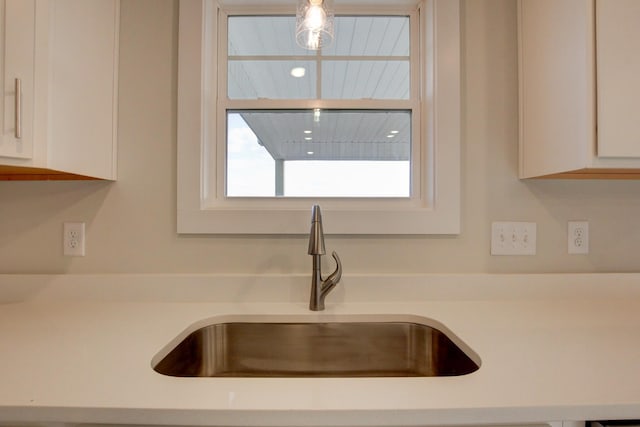 interior details featuring white cabinetry and sink