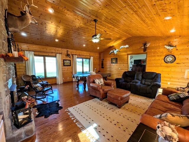 living room featuring hardwood / wood-style floors, lofted ceiling, wooden ceiling, and wood walls