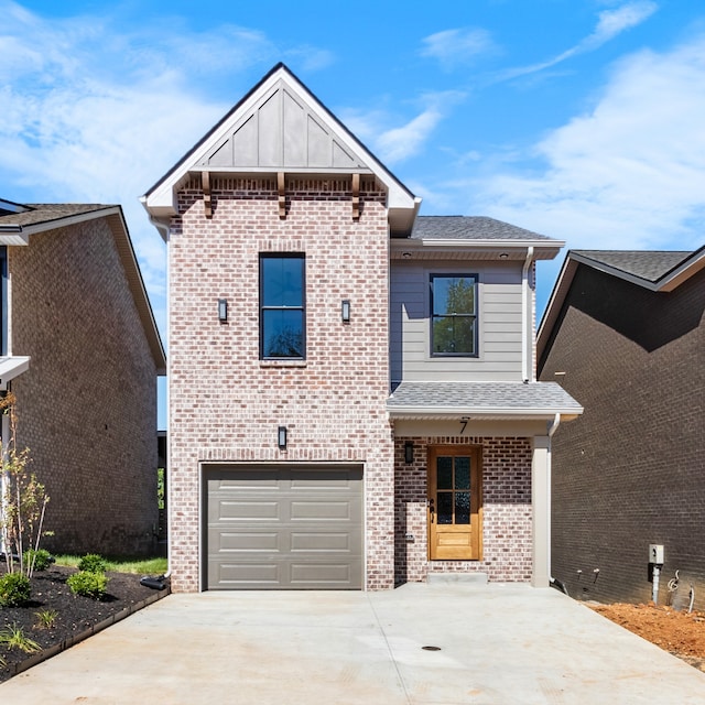 front facade with a garage