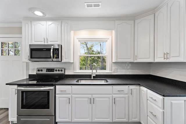 kitchen featuring white cabinets, tasteful backsplash, stainless steel appliances, and sink