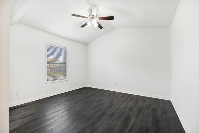 unfurnished room featuring ceiling fan, dark hardwood / wood-style floors, and lofted ceiling