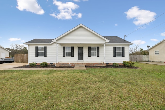 single story home with a porch and a front yard