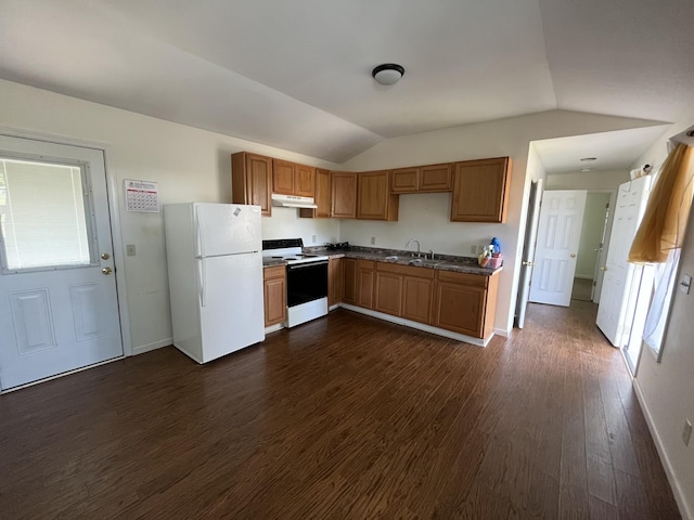 302 S Walnut St, Linden, TN 37096 - kitchen featuring white appliances, dark wood-style floors, under cabinet range hood, lofted ceiling, and dark countertops