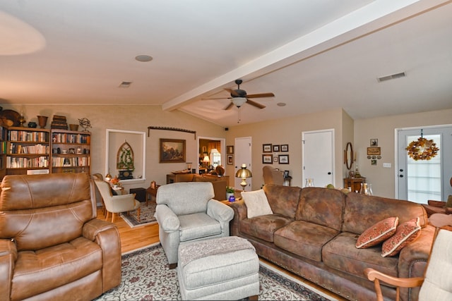 living room featuring light hardwood / wood-style floors, lofted ceiling with beams, and ceiling fan