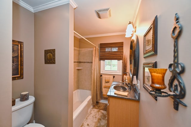 full bathroom with vanity, ornamental molding, toilet, and shower / bathtub combination with curtain