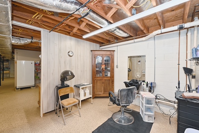 basement featuring white fridge