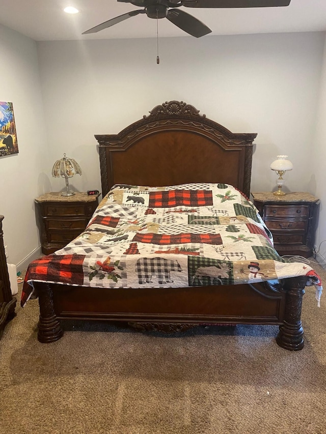 bedroom featuring carpet flooring and ceiling fan