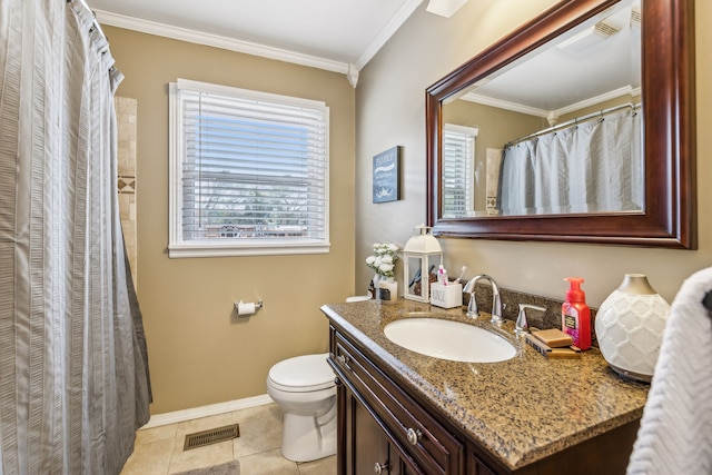 bathroom with vanity, ornamental molding, toilet, and tile patterned flooring