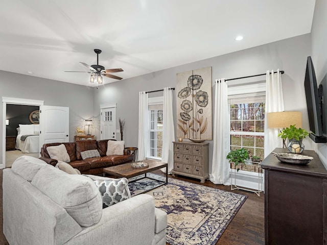 living room with ceiling fan and dark wood-type flooring