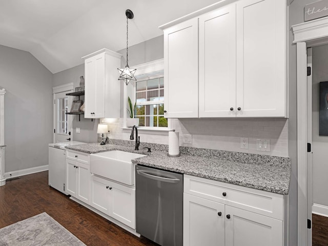 kitchen featuring white cabinetry, dishwasher, dark wood-type flooring, and vaulted ceiling