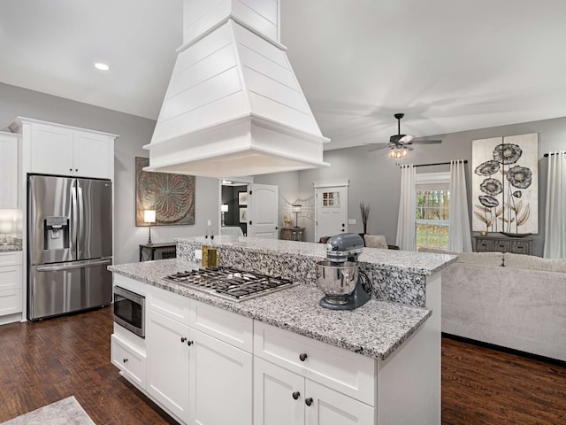 kitchen with white cabinets, premium range hood, dark wood-type flooring, and appliances with stainless steel finishes