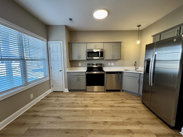 kitchen featuring pendant lighting, sink, gray cabinetry, and appliances with stainless steel finishes