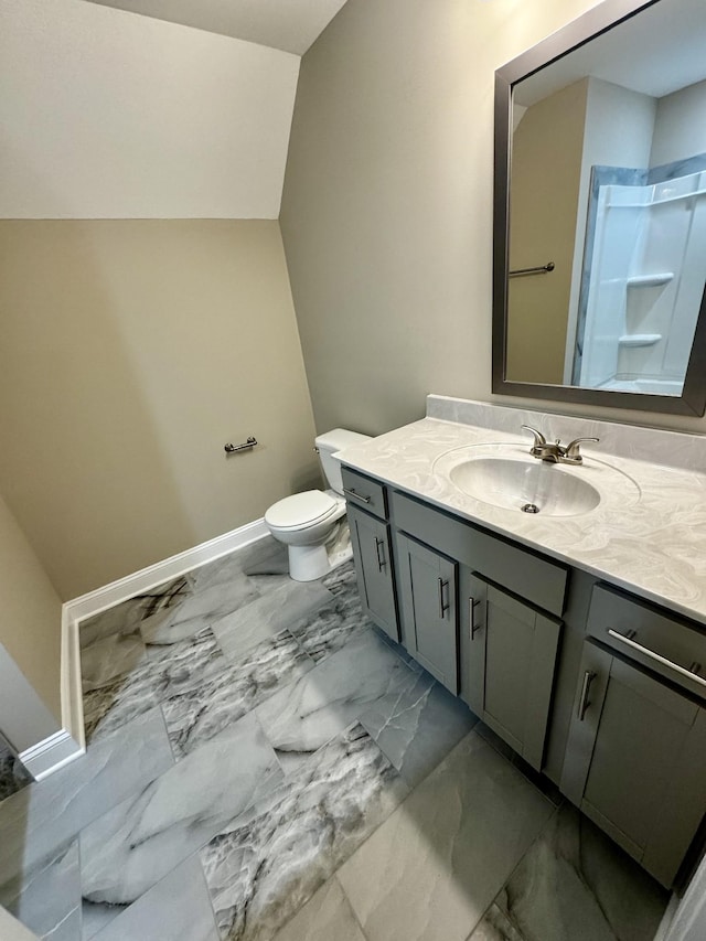 bathroom featuring vanity, a shower, and toilet