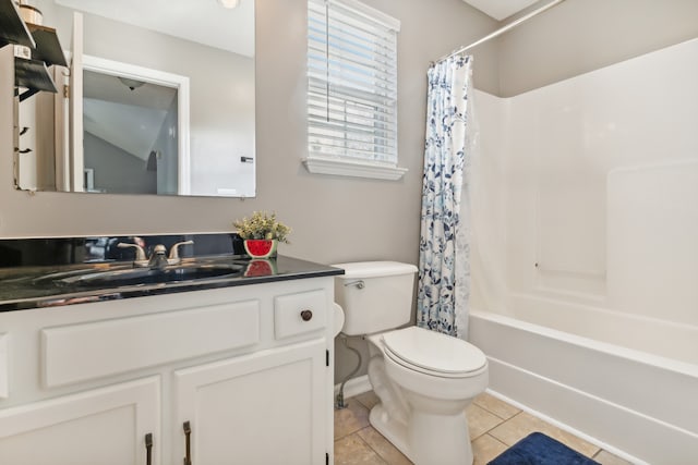 full bathroom featuring vanity, toilet, tile patterned floors, and shower / bathtub combination with curtain