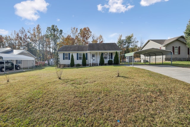 ranch-style house with covered porch, a carport, and a front yard