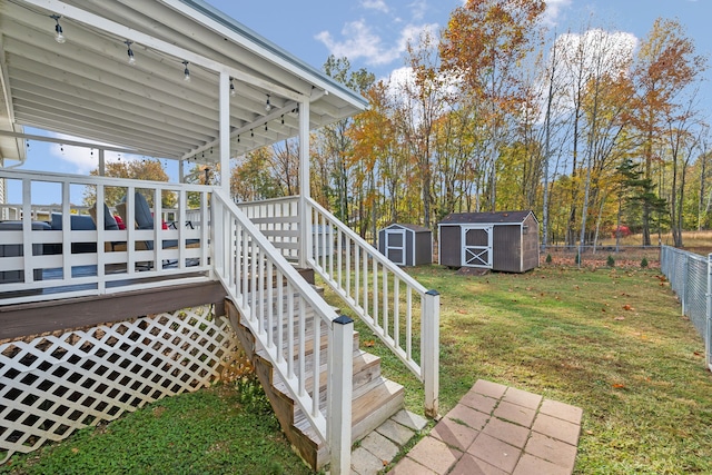 exterior space featuring a storage unit and a deck