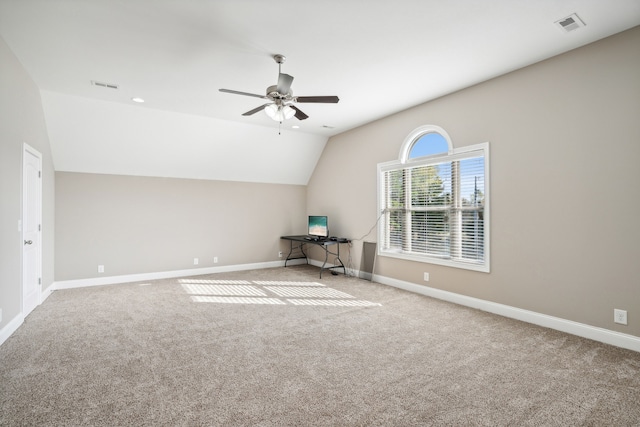 bonus room with ceiling fan, vaulted ceiling, and carpet floors