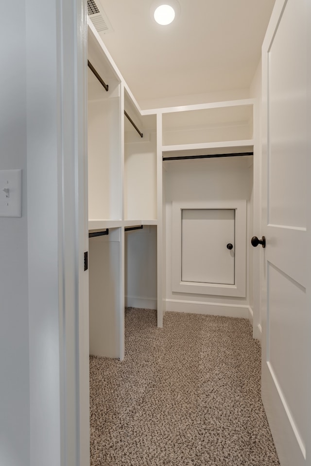 walk in closet with light colored carpet