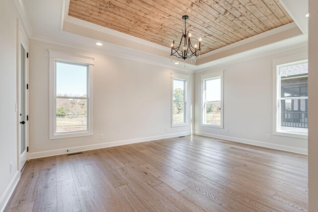 empty room featuring crown molding, an inviting chandelier, a raised ceiling, wooden ceiling, and light wood-type flooring