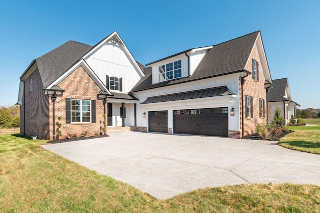 view of front of home featuring board and batten siding, brick siding, concrete driveway, an attached garage, and a shingled roof