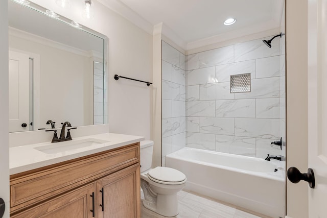 full bathroom featuring vanity, ornamental molding, toilet, recessed lighting, and shower / bathing tub combination