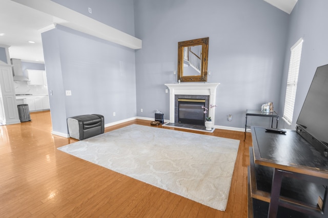 living room featuring a high ceiling and light hardwood / wood-style flooring