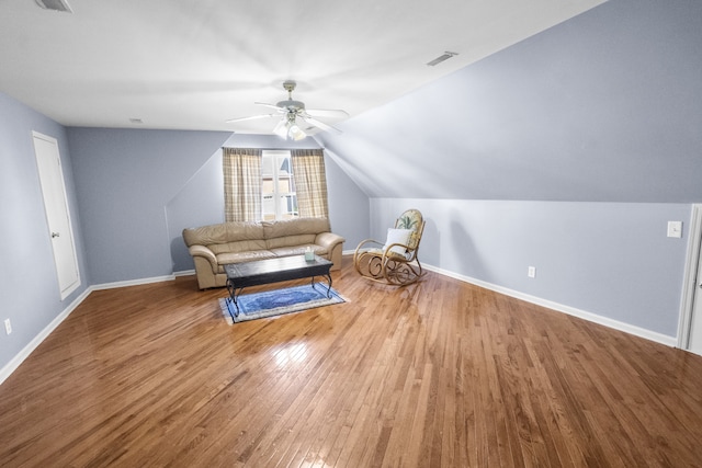 additional living space featuring ceiling fan, wood-type flooring, and lofted ceiling