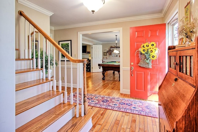 602 Edenburg Dr, Columbia, TN 38401 - entrance foyer featuring stairs, light wood-style floors, billiards, and ornamental molding
