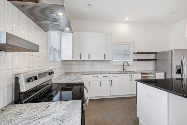 904 N Maple St, Murfreesboro, TN 37130 - kitchen with stainless steel appliances, a sink, open shelves, exhaust hood, and white cabinetry