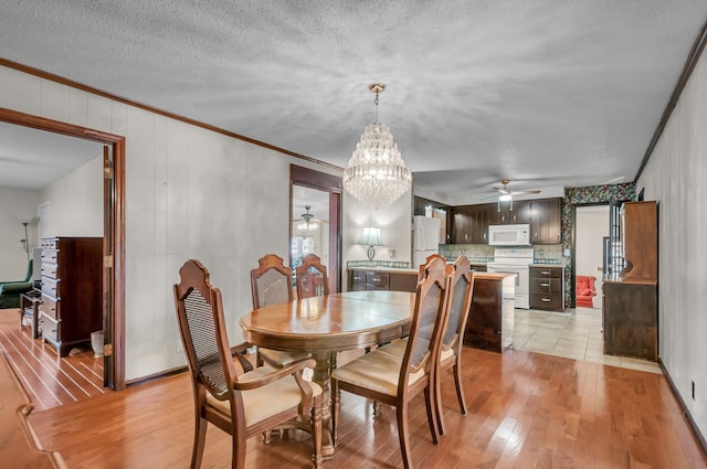 dining area with crown molding, a textured ceiling, and light wood-type flooring