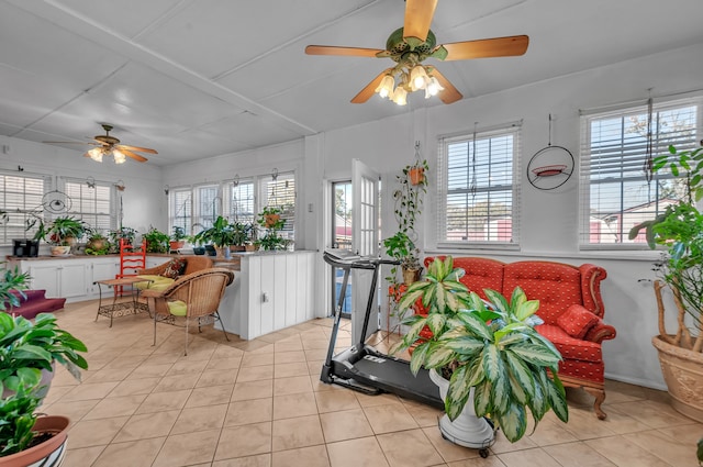 interior space featuring ceiling fan