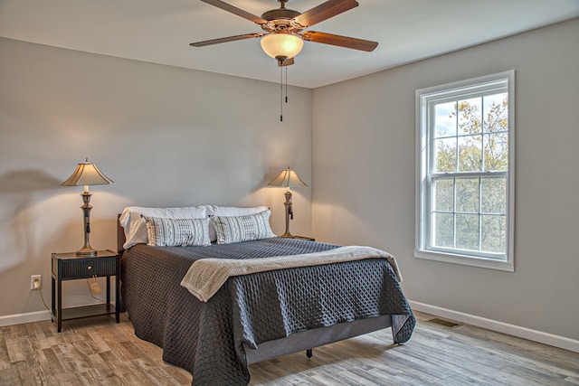 bedroom featuring light wood-type flooring and ceiling fan