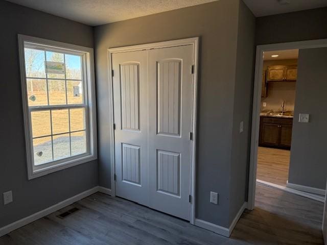 unfurnished bedroom featuring a closet, light wood-type flooring, sink, and multiple windows