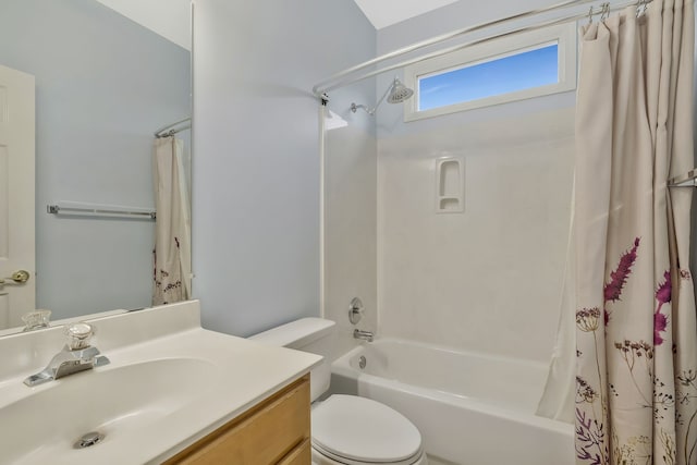 full bathroom with toilet, shower / tub combo with curtain, and vanity