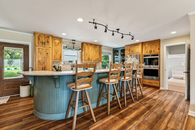 kitchen with a kitchen breakfast bar, plenty of natural light, dark hardwood / wood-style floors, and stainless steel double oven