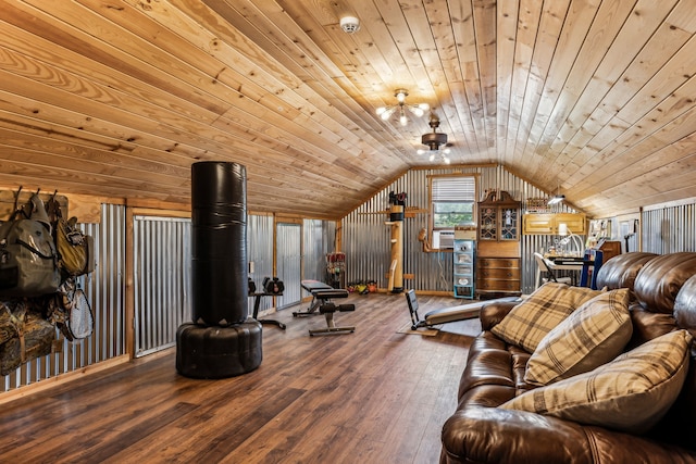 workout area with wood walls, wooden ceiling, wood-type flooring, and lofted ceiling