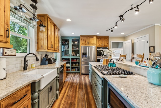 kitchen featuring hanging light fixtures, stainless steel appliances, backsplash, ornamental molding, and dark hardwood / wood-style flooring