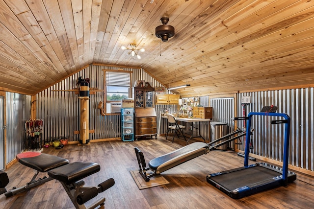 exercise area with wood walls, lofted ceiling, wood-type flooring, and wooden ceiling