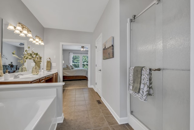 bathroom with vanity, ceiling fan, separate shower and tub, and tile patterned flooring